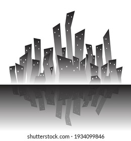 Black and white illustration of cartoon town against sky. Metropolis perspective.