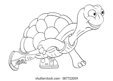 Black and white illustration of cartoon turtle in sneakers 