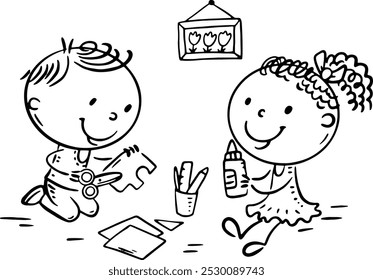 Black and white illustration of cartoon two kindergarten children crafting together. Preschooler kids doing common activity, communication and cooperation outline clipart, coloring page