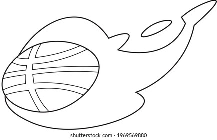 black and white illustration of cartoonish basketball ball on fire