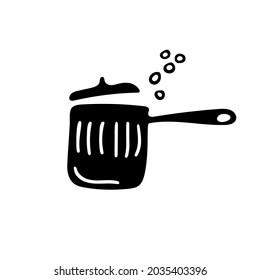 Black and white illustration of a casserole pot, kitchen ware, utensils. Doodle vector design for web and print. 