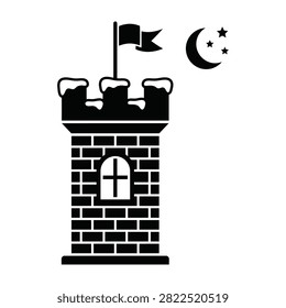 Black and white illustration of a castle tower with a flag, crescent moon and stars, stone brick wall and cross window, evoking a sense of history and mystery