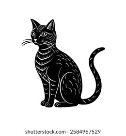 A black and white illustration of a cat