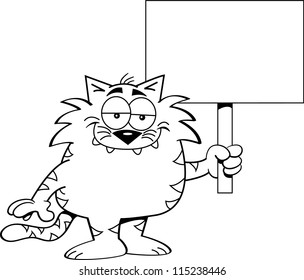 Black and white illustration of a cat holding a sign