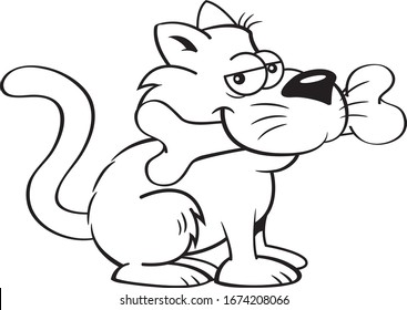 Black and white illustration of a cat holding a dog bone in it's mouth.