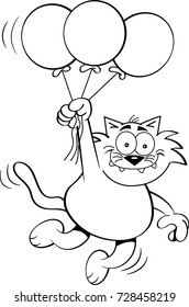 Black and white illustration of a cat holding balloons.
