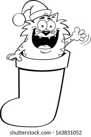 Black and white illustration of a cat inside a stocking while waving.