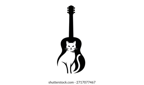 Ilustración en blanco y negro de un gato dentro de una guitarra, concepto de instrumento musical