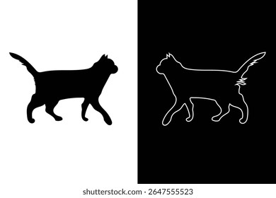 Black and white illustration of a cat walking. One side is a silhouette, the other is an outline.