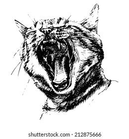 black and white illustration with a cat who opened his mouth