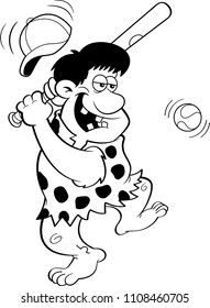 Black and white illustration of a caveman hitting a baseball.