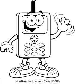 Black And White Illustration Of A Cell Phone Waving.