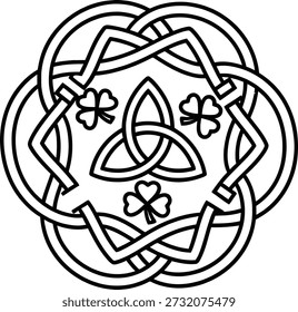 Uma ilustração em preto e branco de um design de malha celta com círculos e trevos entrelaçados, centrados em torno de um símbolo da Trindade, representando a herança irlandesa e o simbolismo cultural.