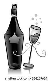 Black and White Illustration of a Champagne Bottle and a Champagne Glass
