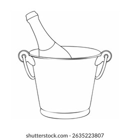 Black and white illustration of champagne bottle chilling in ice bucket for celebration