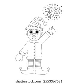 Black and white illustration of a cheerful Christmas elf holding a sparkler, ideal for childrens coloring pages.