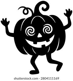 Black and white illustration of a cheerful pumpkin character with hypnotic swirl eyes arms up dancing for autumn party.