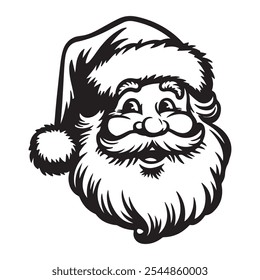 Ilustración en blanco y negro de una cara alegre de Santa Claus, perfecta para diseños con temas de Navidad y decoraciones navideñas, boceto de la cabeza de Santa Claus de Vector, ideal para tarjetas de Navidad, invitaciones,