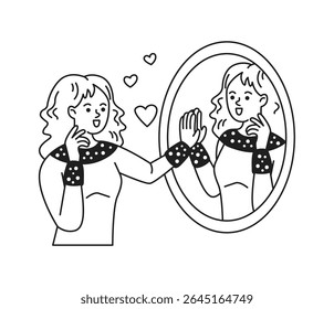 Ilustração em preto e branco de uma mulher alegre admirando-se em um espelho com símbolos de coração. A imagem transmite amor próprio e felicidade em um estilo simplista.