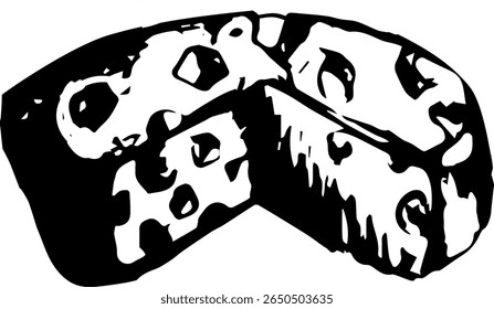 Black and white illustration of cheese block with holes  
