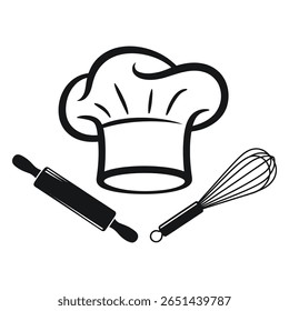 Black and white illustration of a chef's hat a rolling pin and a whisk on a white background simple graphic style