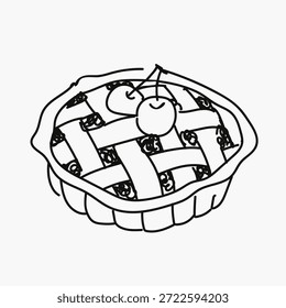Ilustración en blanco y negro de un pastel de cereza. Pastel de cereza con corteza de celosía. Simple dibujo de pastel de cereza. Pastel de cerezas con cerezas en la parte superior. Ilustración de panadería. Ilustración vectorial de alimentos.