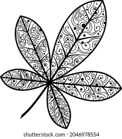 Schwarz-Weiß-Abbildung eines Kastanienblattes. Herbstgrafik.Eine Idee für ein Logo, Modeillustrationen, Magazine, Kleiderdrucke, Werbung, Farbbücher, eine Tattooskizze oder ein Mehendi.