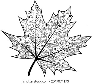 Black and white illustration of a chestnut leaf. Autumn illustration.An idea for a logo,fashion illustrations, magazines, printing on clothes, advertising,coloring books, a tattoo sketch or a mehendi.
