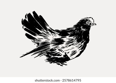 Black and white illustration of a chicken with detailed feathers. The chicken is depicted in a side view, showcasing its tail and wings in an artistic style. Vintage bird illustration vector.