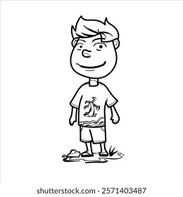 A black and white illustration of a child wearing beach attire, appearing to enjoy a seaside atmosphere. This simple line art is perfect for children's coloring activities, ideal for coloring books, e