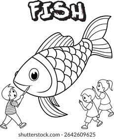 A black and white illustration of children interacting with a large fish. Coloring page, educational resource, or children's book illustration.