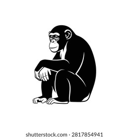 A black and white illustration of a chimpanzee sitting down with its knees pulled up to its chest.