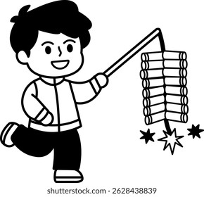 black and white illustration of a Chinese boy holding Chinese firecrackers