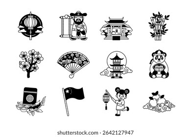 black and white illustration of chinese culture and chinese new year items collection