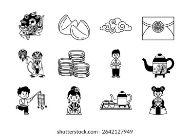 black and white illustration of chinese culture items collection