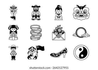 black and white illustration of chinese culture and chinese new year icons collection