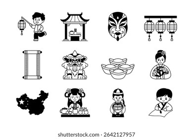 black and white illustration of chinese culture icons collection