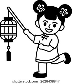 ilustração em preto e branco de uma menina chinesa em um cheongsam segurando uma lanterna
