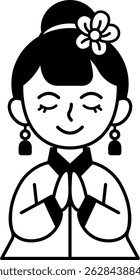 black and white illustration of a chinese girl in traditional dress bowing