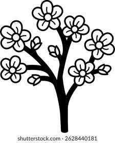 ilustração preto e branco do ramo de flores de flor de ameixa chinesa
