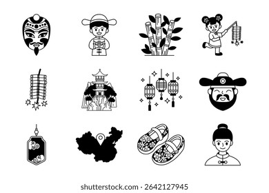 black and white illustration of chinese tradition culture icons collection
