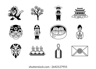 black and white illustration of chinese tradition culture items collection