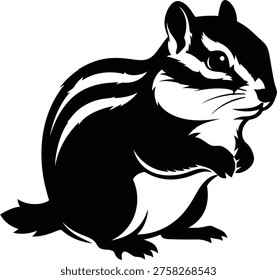A black and white illustration of a chipmunk sitting on its haunches, looking to the right