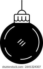 black and white illustration of a christmas ball ornament hanging from a string