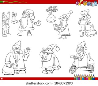 Black and white illustration of Christmas holidays cartoons set with Santa Claus characters coloring book page