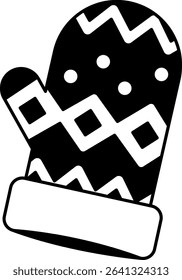 black and white illustration of a christmas pattern mitten