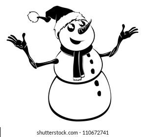 Black and white illustration of a Christmas snowman in Santa hat