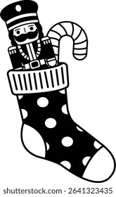 black and white illustration of a Christmas stocking with a nutcracker inside