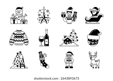 black and white illustration of christmas things set