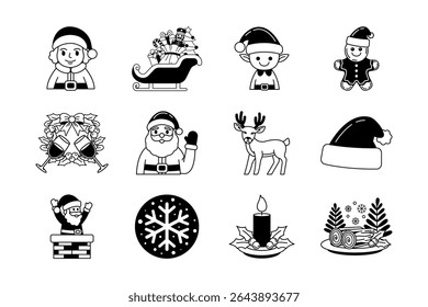 black and white illustration of christmas things collection